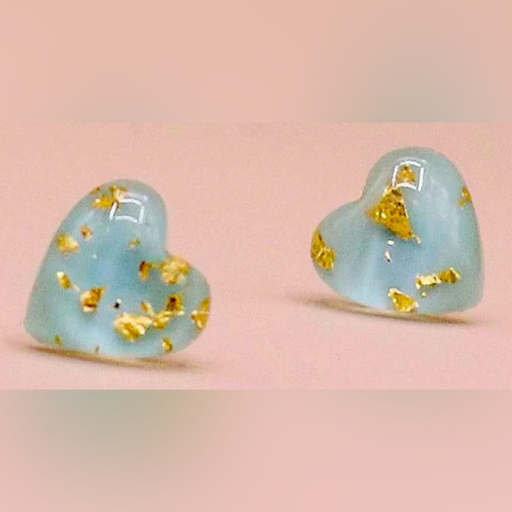 Blue Heart Gold Flake Fleck Glitter Sparkle Resin Dainty Tiny Stud Post Earrings - Picture 4 of 15